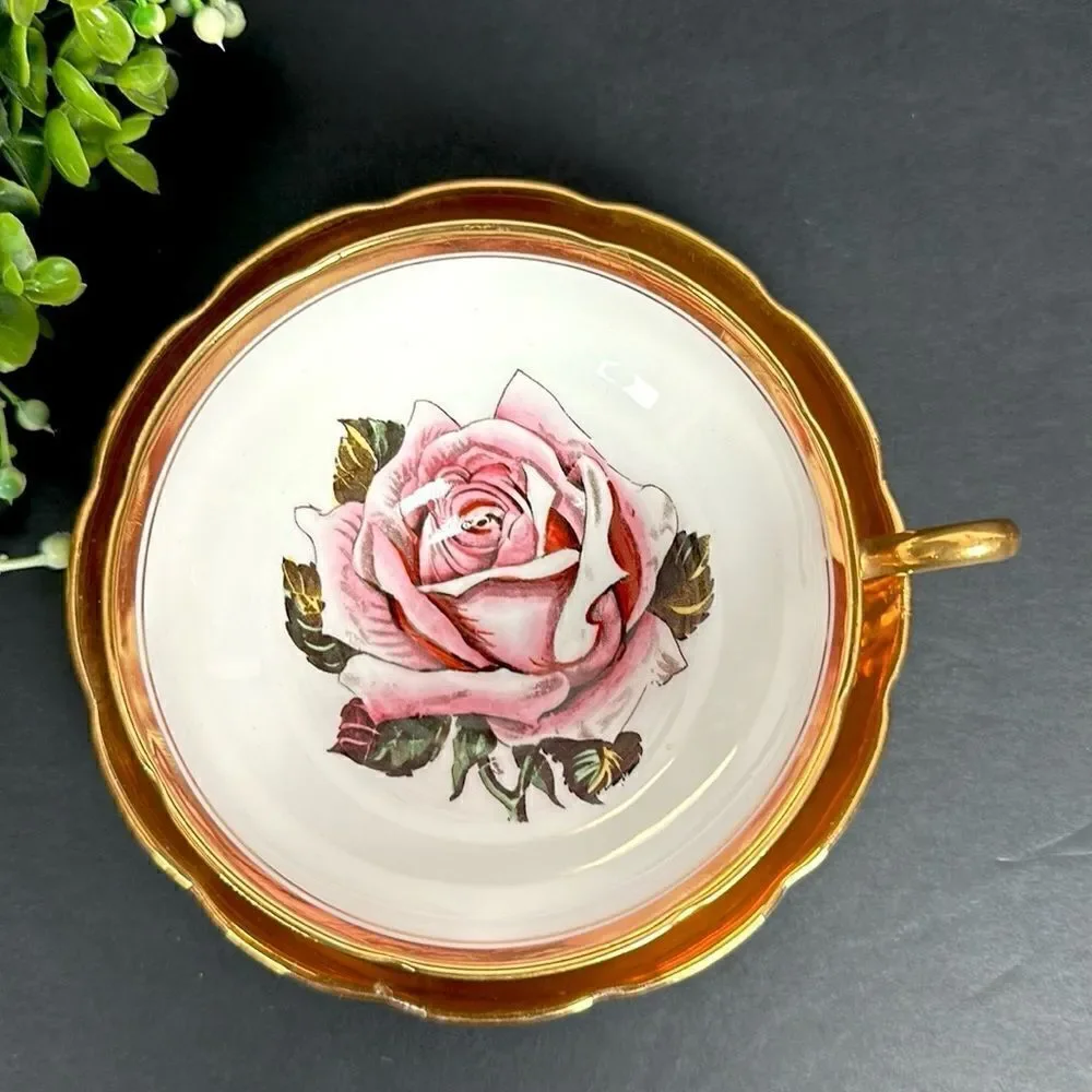 Vintage Taylor & Kent Large Pink Cabbage Rose Tea Cup Saucer Heavy Gold Signed